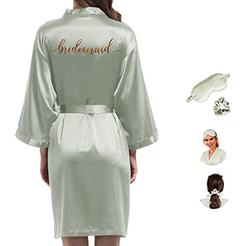 Y WJing Yi Jia Damen Seide Brautjungfer Roben Damen Satin Braut Robe Hochzeit Party mit Augenmaske und Haargummi 3 in 1 Set Monogramme Druck Braut Nachtwäsche, graugrün, 50 von Y WJing Yi Jia