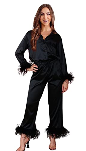 Damen-Pyjama mit Federbesatz, Seide, lange Sets, Button-Down, 2-teiliges Satin-Pyjama-Set, seidiger Pyjama, Loungewear, Nachtwäsche, Schwarz , 36 von Y WJing Yi Jia