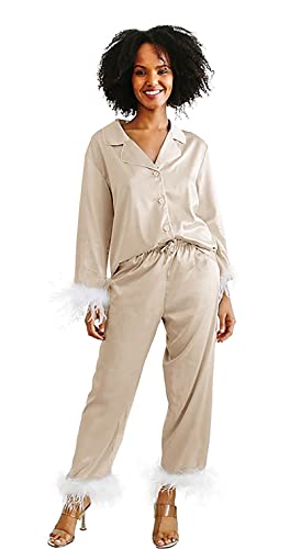 Damen-Pyjama mit Federbesatz, Seide, lange Sets, Button-Down, 2-teiliges Satin-Pyjama-Set, seidiger Pyjama, Loungewear, Nachtwäsche, champagnerfarben, 46 von Y WJing Yi Jia