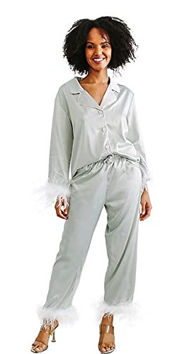 Damen-Pyjama mit Federbesatz, Seide, lange Sets, Button-Down, 2-teiliges Satin-Pyjama-Set, seidiger Pyjama, Loungewear, Nachtwäsche, graugrün, 36 von Y WJing Yi Jia