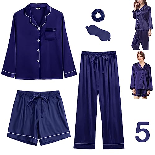 Y WJing Yi Jia 5Pcs Damen Seide Satin Pyjama Sets Lange Pj Sets Button Down Pjs Set Pyjamas Nachtwäsche, navy, 42 von Y WJing Yi Jia