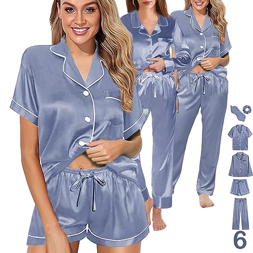 Y WJing Yi Jia 6-teiliges Damen-Pyjama-Set, Seidensatin, Pyjama-Set, Pyjama-Set, Knopfleiste, Nachtwäsche, Loungewear, dusty blue, 46 von Y WJing Yi Jia