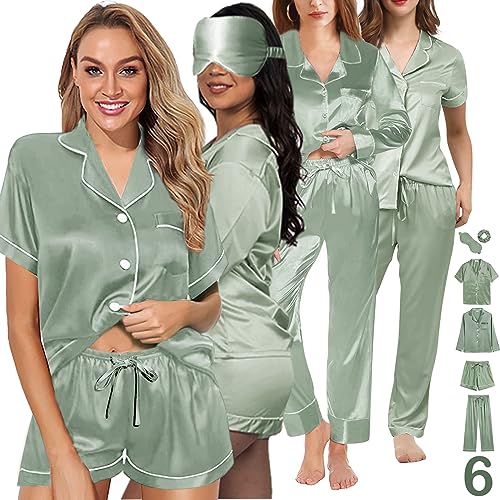 Y WJing Yi Jia 6-teiliges Damen-Pyjama-Set, Seidensatin, Pyjama-Set, Pyjama-Set, Knopfleiste, Nachtwäsche, Loungewear, graugrün, 42 von Y WJing Yi Jia