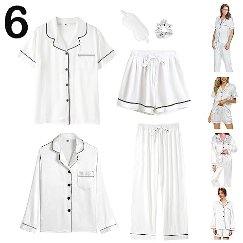 Y WJing Yi Jia 6-teiliges Damen-Pyjama-Set, Seidensatin, Pyjama-Set, Pyjama-Set, Knopfleiste, Nachtwäsche, Loungewear, weiß, 36 von Y WJing Yi Jia