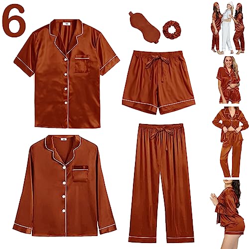 Y WJing Yi Jia 6Pcs Damen Seide Satin Pyjama Sets Pyjamas Set Pjs Set Button Down Pj Sets Nachtwäsche Loungewear, maple, 42 von Y WJing Yi Jia