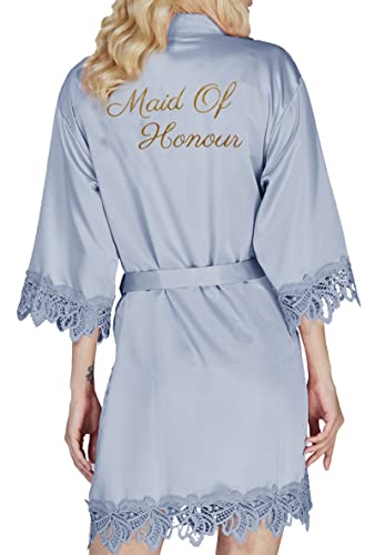 Y WJing Yi Jia Kimono-Bademantel für Damen, Satin, Brautjungfer, Hochzeit, Party, Robe, Brautmorgenmantel, Seiden-Bademantel, Spitzenbesatz, seidiger Morgenmantel, Monogramme, Dusty Blue-H, 3XL von Y WJing Yi Jia