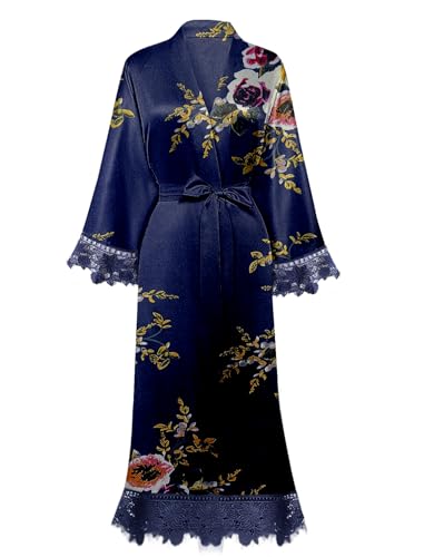 Y WJing Yi Jia Damen Floral Robes Kimono Robe Morgenmantel Braut Robe Seide Roben Satin Bademantel Nachthemd Kurz Stil Morgen Roben Spitze Trim Roben Kimonos Blüten Roben, Navy-b, 50 von Y WJing Yi Jia