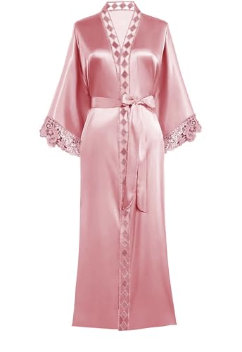 Y WJing Yi Jia Damen Lange Roben Kimono Robe Lang Morgenmantel Brautmantel Seide Roben Satin Bademantel Nachthemd Lange Stil Morgenroben Spitzenbesatz Roben Lange Kimonos, Blasse Rose-B, One size von Y WJing Yi Jia