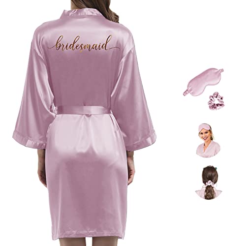 Y WJing Yi Jia Damen Seide Brautjungfer Roben Damen Satin Braut Robe Hochzeit Party mit Augenmaske und Haargummi 3 in 1 Set Monogramme Druck Braut Nachtwäsche, Nude Pink, 50 von Y WJing Yi Jia