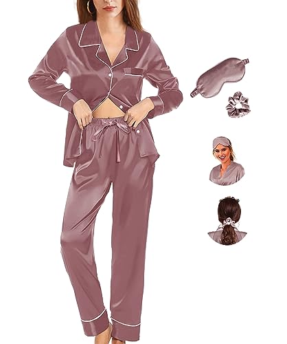Y WJing Yi Jia Pyjama für Damen, Seidensatin, lang, 2-teilig, Pyjama-Set, Braut-Pyjama-Set, Braut-Pyjama-Set, Brautschmuck, Nachtwäsche, Brautjungfer-Pyjama, Loungewear mit Augenmaske und Haargummis, von Y WJing Yi Jia