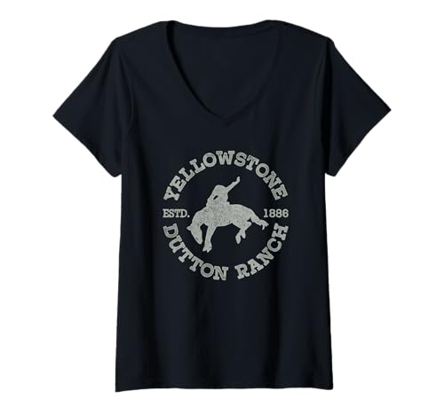 Damen Yellowstone Dutton Ranch ESTD. 1886 Cowboy Distressed Logo T-Shirt mit V-Ausschnitt von Y Yellowstone