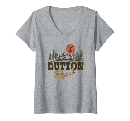 Damen Yellowstone Dutton Ranch Old Style Distressed Landscape T-Shirt mit V-Ausschnitt von Y Yellowstone