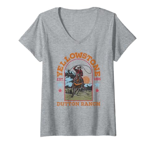 Damen Yellowstone EST. 1886 Dutton Ranch Distressed Cowboy Logo T-Shirt mit V-Ausschnitt von Y Yellowstone