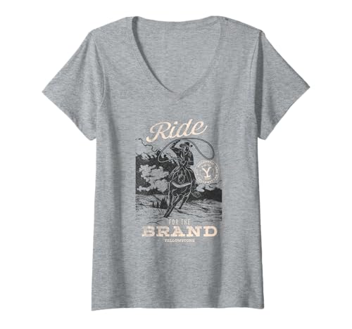 Damen Yellowstone Ride for The Brand Distressed Cowboy Portrait T-Shirt mit V-Ausschnitt von Y Yellowstone