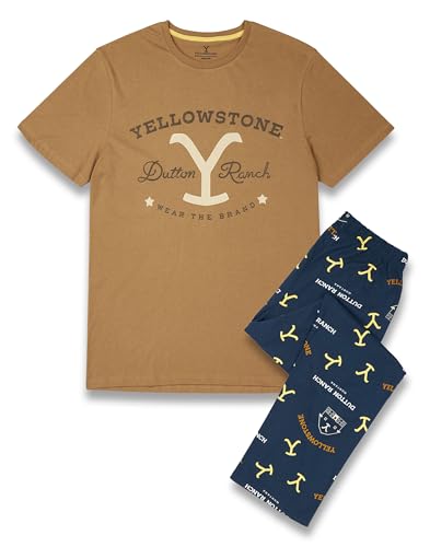 Y Yellowstone Herren Pyjama-Set | Erwachsene Dutton Ranch Tan Kurzarm-T-Shirt mit Grafik und marineblauer Allover-Print Hose mit langem Bein Pyjamas | Tragen Sie die Marke Western TV Show Bekleidung von Y Yellowstone