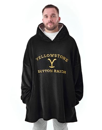 Yellowstone Dutton Ranch Herren Tragbare Decke Hoodie | Kapuzenpullover aus Fleece für Erwachsene in Schwarz mit Yellowstone Besticktem Logo | Sherpa-Futter Loungewear mit Taschen von Y Yellowstone