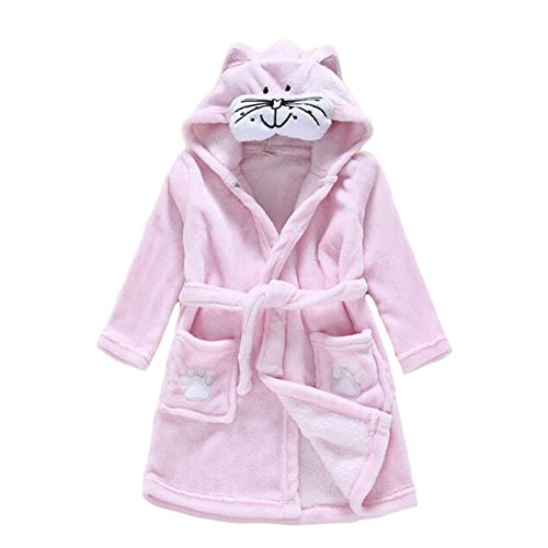 Y&L Unisex-Kinder Soft-Flanell Cartoon Roben mit Kapuze Nachtwäsche Bademäntel Housecoat Kleider mit Gürtel Rosa Katze von Y&L