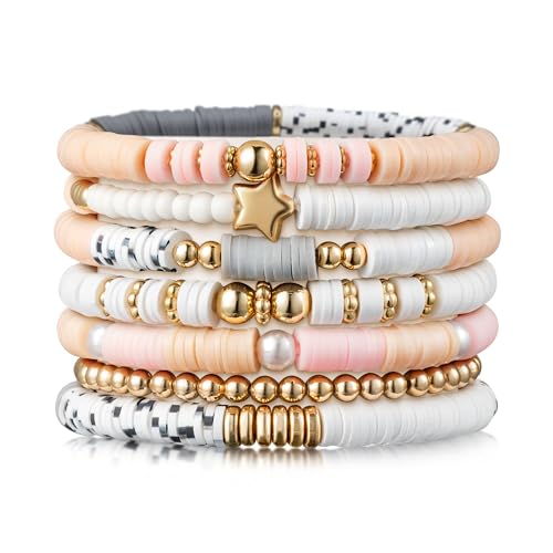Y1tvei 7Stück Heishi Armbänder Set, Rosa Grau Regenbogen Armbänder Ton Disc Perlen Polymer Elastisches Seil Armband Set Boho Preppy Y2K Perlen Armband Sommer Strand Armband für Damen Mädchen Geschenk Y1tvei 7Stück Heishi Armbänder Set, Rosa Grau Regenbogen Armbänder Ton Disc Perlen Polymer Elastisches Seil Armband Set Boho Preppy Y2K Perlen Armband Sommer Strand Armband für Damen Mädchen Geschenk von Y1tvei