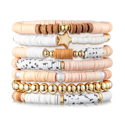 Y1tvei 7Stück Heishi Surfer Armbänder Set, Braun Preppy Stern Elastisches Seil Corlorful Bracelets Ton Disc Perlen Polymer, Boho Y2K Beaded Jewelry Sommer Strand Armband für Damen Mädchen Geschenk von Y1tvei