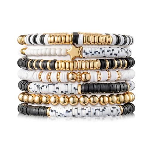Y1tvei 7Stück Heishi Surfer Armbänder Set, Schwarz und Weiß Preppy Stern Elastisches Seil Bracelets Ton Disc Perlen Polymer, Boho Y2K Beaded Jewelry Sommer Strand Armband für Damen Mädchen Geschenk von Y1tvei