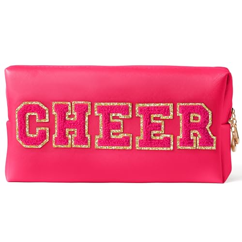 Y1tvei Cheer Große Kosmetiktasche – Adretter Patch Cheer Chenille Brief Make-up Tasche PU Leder Wasserdicht Tragbar Cheer Letter Kulturbeutel Reise-Organizer für Cheerleader-Mädchen (Rose Red), von Y1tvei