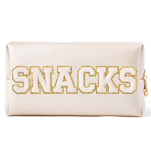 Y1tvei Große Snacks-Kosmetiktasche – Preppy White Snacks Chenille Varsity Letter Make-up Tasche PU Leder Wasserdicht Kulturbeutel Reißverschluss Tasche für Geldbörse Reise Kosmetik Organizer Geschenk von Y1tvei