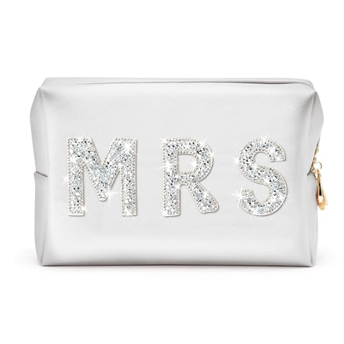 Y1tvei MRS Weiß Patch Kosmetiktasche, Strass Buchstabe PU Große Kapazität Reise Toilettentaschen Leder Kulturbeutel Handtaschen wasserdichte Organizer für Damen Frauen Hochzeit Brautparty(Large) von Y1tvei