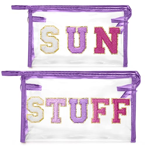 Y1tvei SUN STUFF Make-up-Tasche, Chenille, Varsity-Buchstaben, transparent, PVC, extra groß, transparent, Kosmetiktasche, tragbar, wasserdicht, Reise-Organizer, Kulturbeutel für Damen, Violett, 2 von Y1tvei