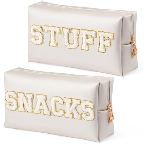 Y1tvei Snacks Stuff Tasche – Preppy White Snacks Stuff Chenille Varsity Letter Make-up Tasche Leder Wasserdicht Kulturbeutel Kosmetik Reißverschluss Tasche für Geldbörse E1, Weiss/opulenter Garten von Y1tvei