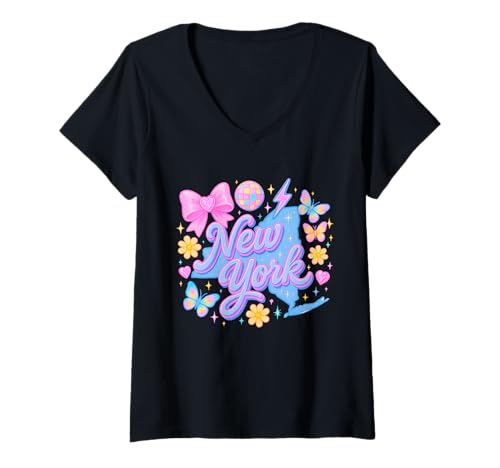 Damen New York Y2K Coquette, ästhetisches Retro-Bow-State-Design T-Shirt mit V-Ausschnitt Damen New York Y2K Coquette, ästhetisches Retro-Bow-State-Design T-Shirt mit V-Ausschnitt von Y2K Coquette States Collection