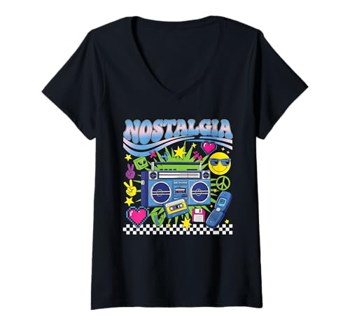 Damen Y2K Nostalgie Retro Boombox Kassette Pixel Herz 90er Musik T-Shirt mit V-Ausschnitt Damen Y2K Nostalgie Retro Boombox Kassette Pixel Herz 90er Musik T-Shirt mit V-Ausschnitt von Y2K Retro Nostalgia 80s 90s Vintage Music Style