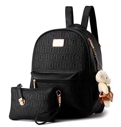 YAAGLE Damen Rucksack PU Leder Schultertasche Campus Uni Schultasche mit Anhänger Bärchen Backpack+Handtasche 2 Pcs von YAAGLE