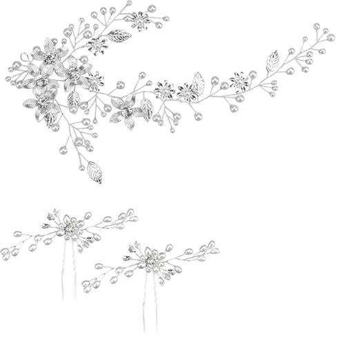 YAANBUNB 3 Stück Haarschmuck Hochzeit Blumen Kopfschmuck Braut Silber Brautschmuck Haare Haarschmuck Hochzeit Stirnband Haar Rebe mit Blumen Haarnadeln für Frauen Damen Mädchen Brautjungfer von YAANBUNB