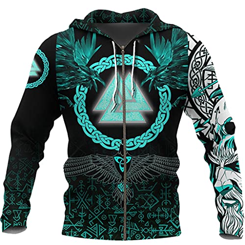 Hoodie Im Wikinger-Stil, 3D-Druck Der Nordischen Mythologie Rabe und Valknut Tattoo-Grafik, Lässige Sportliche Streetwear für Herren,Zip Hoodie,5XL von AHTCPO