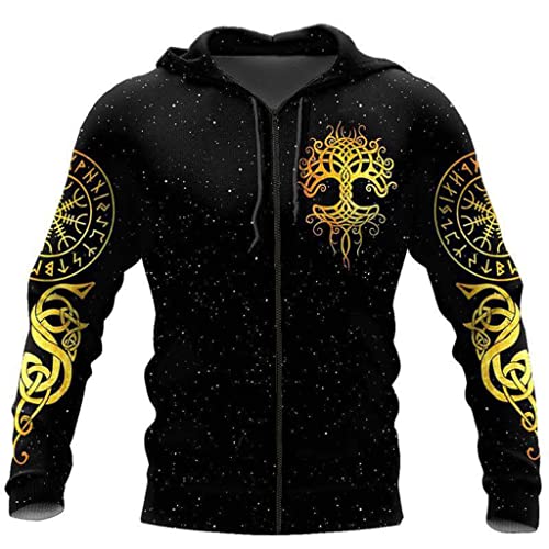 AHTCPO YABEME Viking Herren Baum des Lebens Hoodie, Nordischer Mittelalterlicher 3D-Druck Yggdrasil Retro Rune Vegvisir Pullover Sweatshirt, Lockere Fashion Streetwear,Zip,5XL von AHTCPO