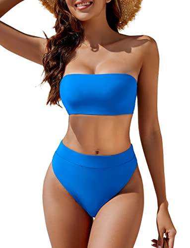 YACUN Damen-Bikini, hohe Taille, zweiteilig, trägerlos, Bandeau-Badeanzug, freche Badeanzüge, Blau, Medium von YACUN