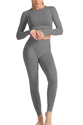 YACUN Damen Trainingsanzüge Workout Outfit 2 Stück Yoga Legging Crop Top Gym Kleidung Set Grau L (38) von YACUN