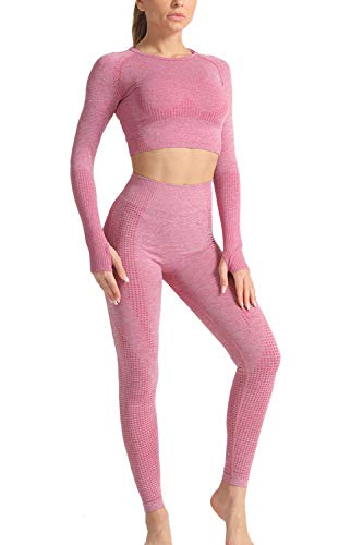 YACUN Damen Trainingsanzüge Workout Outfit 2 Stück Yoga Legging Crop Top Gym Kleidung Set Rosa L (38) von YACUN