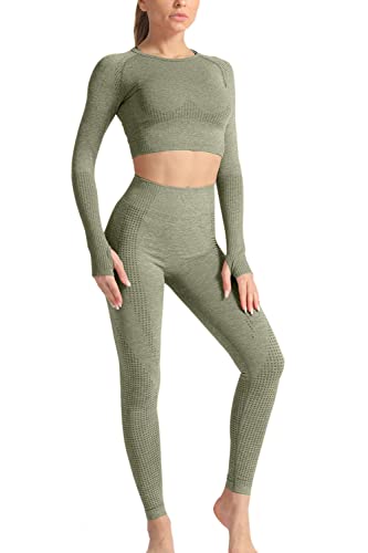 YACUN Damen Workout Outfit 2 Stück hoch taillierte nahtlose Leggings Yoga Leggings mit langen Ärmeln Crop Top Gym Kleidung Set Amygreen M (36) von YACUN