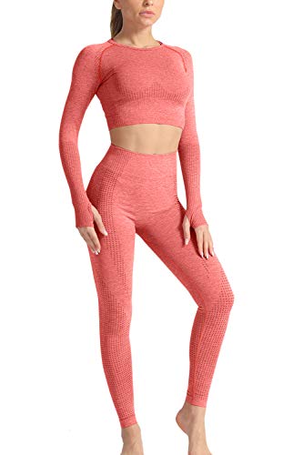 YACUN Damen Workout Outfit 2 Stück hoch taillierte nahtlose Leggings Yoga Leggings mit langen Ärmeln Crop Top Gym Kleidung Set Korallrot L (38) von YACUN