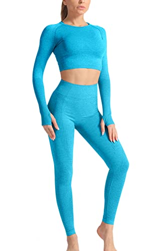 YACUN Damen Workout Outfit 2 Stück hoch taillierte nahtlose Leggings Yoga Leggings mit langen Ärmeln Crop Top Gym Kleidung Set Cuiblue S (34) von YACUN