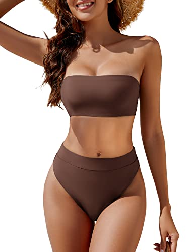 YACUN Damen Zweiteiliger Bandeau-Bikini, Badeanzug, schulterfrei, frech, hohe Taille, Badeanzüge, Kaffee, XL von YACUN