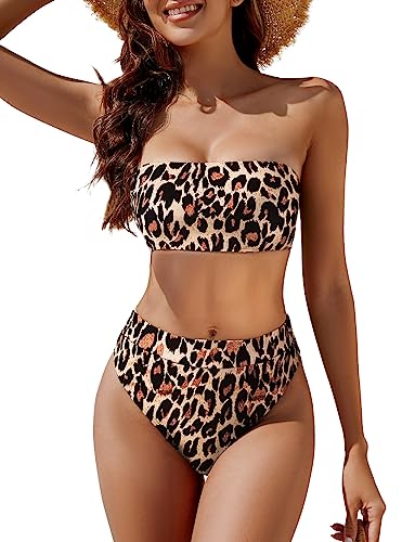 YACUN Damen-Bikini, hohe Taille, zweiteilig, trägerlos, Bandeau-Badeanzug, freche Badeanzüge, Leopard, Large von YACUN