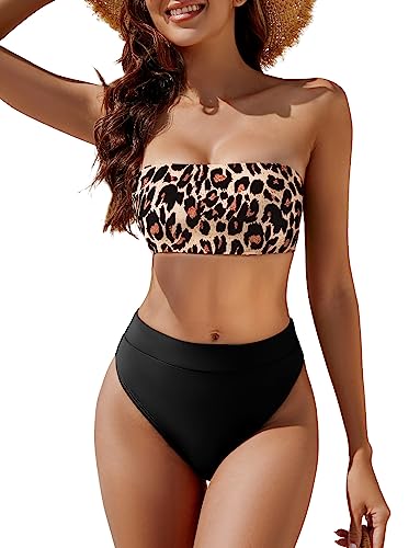 YACUN Damen-Bikini, hohe Taille, zweiteilig, trägerlos, Bandeau-Badeanzug, freche Badeanzüge, Leopardenmuster, Schwarz, Medium von YACUN