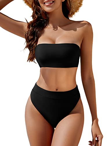 YACUN Damen Zweiteiliger Bandeau-Bikini Schulterfrei Freche hohe Taille Badeanzüge, Schwarz, Large von YACUN