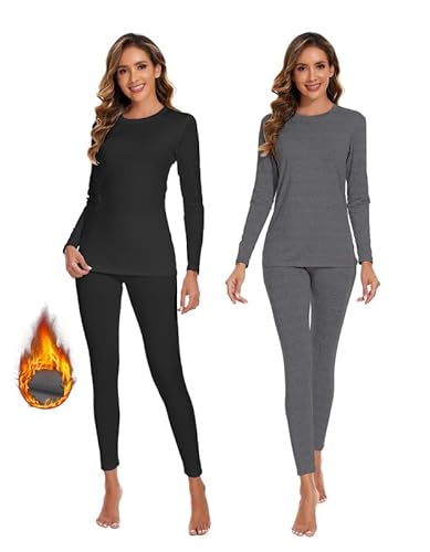 YADIFEN Damen Thermounterwäsche Set 2er Atmungsaktiv Damen Winter Warme Unterwäsche Skiunterwäsche Damen, Winter Thermo Base Layer für Alltag, Skifahren, Wandern, Joggen,Sport,Schwarz+Grau,2XL von YADIFEN