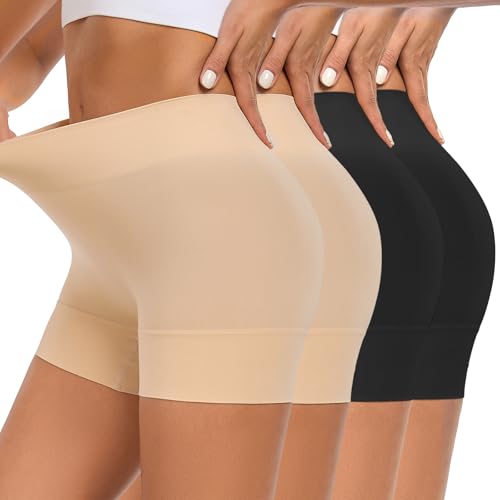 YADIFEN Radlerhose Damen Kurz für Kleid Kurze Radlerhose Shorts Damen unter Kleidern Rock Hotpants Short Leggings Boxershorts Nahtlos Hohe Taille Unterziehhose für Sommer,2er Schwarz+ 2er Beige,L von YADIFEN