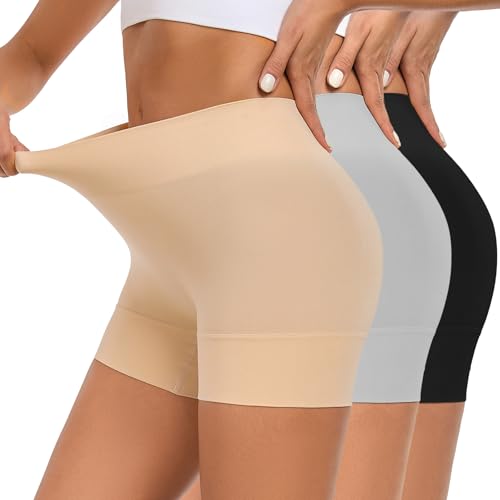 YADIFEN Radlerhose Damen Kurz für Kleid Kurze Radlerhose Shorts Damen unter Kleidern Rock Hotpants Short Leggings Boxershorts Nahtlos Hohe Taille Unterziehhose für Sommer,Schwarz+Beige+Grau,2XL von YADIFEN