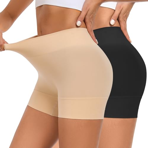 YADIFEN Radlerhose Damen Kurz für Kleid Kurze Radlerhose Shorts Damen unter Kleidern Rock Hotpants Short Leggings Boxershorts Nahtlos Hohe Taille Unterziehhose für Sommer,Schwarz+Beige,2XL von YADIFEN