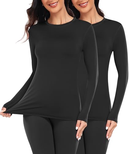 YADIFEN Thermounterwäsche Damen Thermo Oberteil Langarm Thermoshirt Warme Unterwäsche Winter Funktionsshirt Thermal Unterhemd mit Innenfleece (2 Pack Schwarz,3XL) von YADIFEN